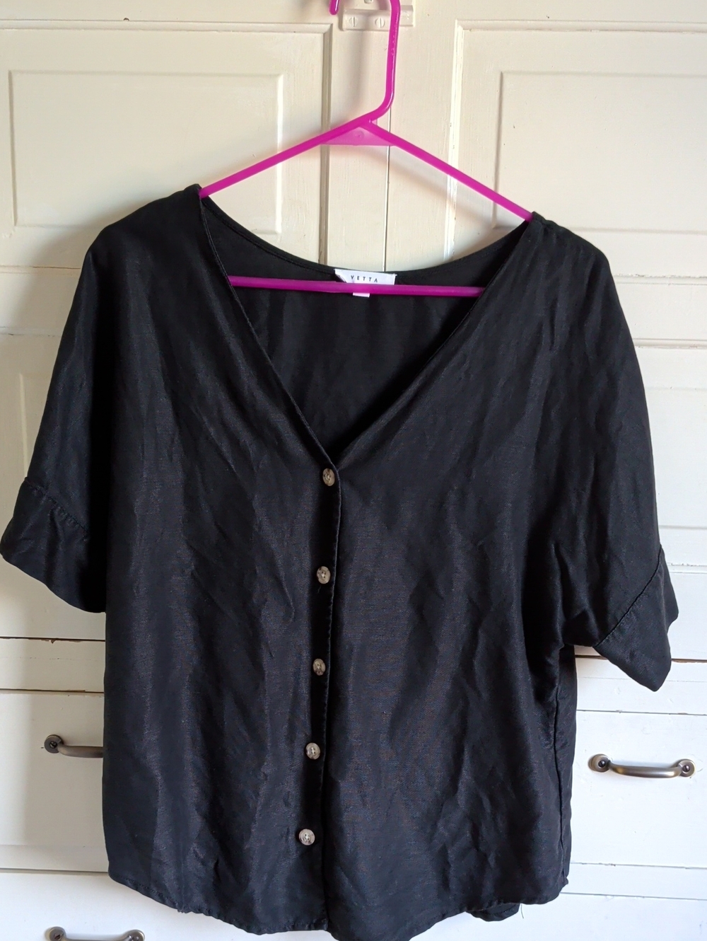 VETTA Black Short-Sleeve Button Front Top